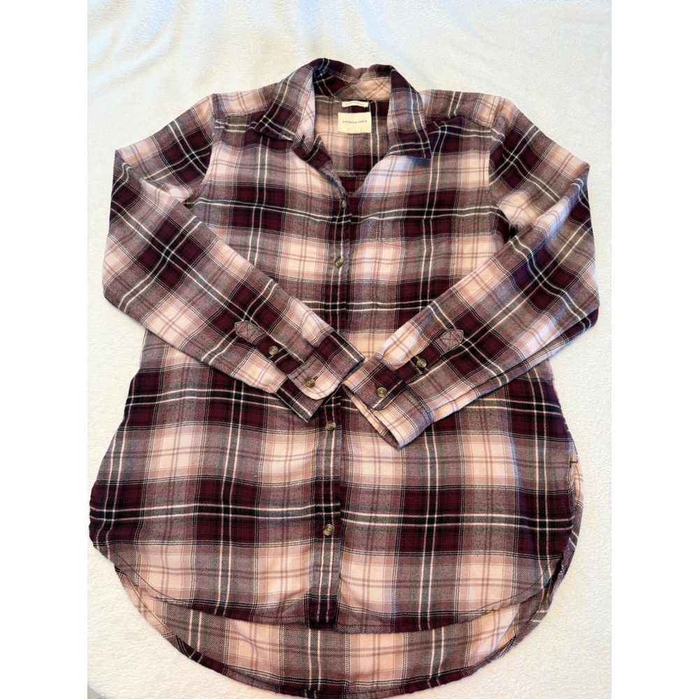American Eagle Boyfriend Fit Plaid Button Down Shirt Burgundy Pink Medium